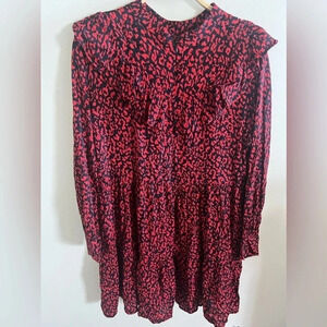 Zara Red & Black Leopard Print Mock Neck‎ Ruffle Long Sleeve Mini Dress M Vday
